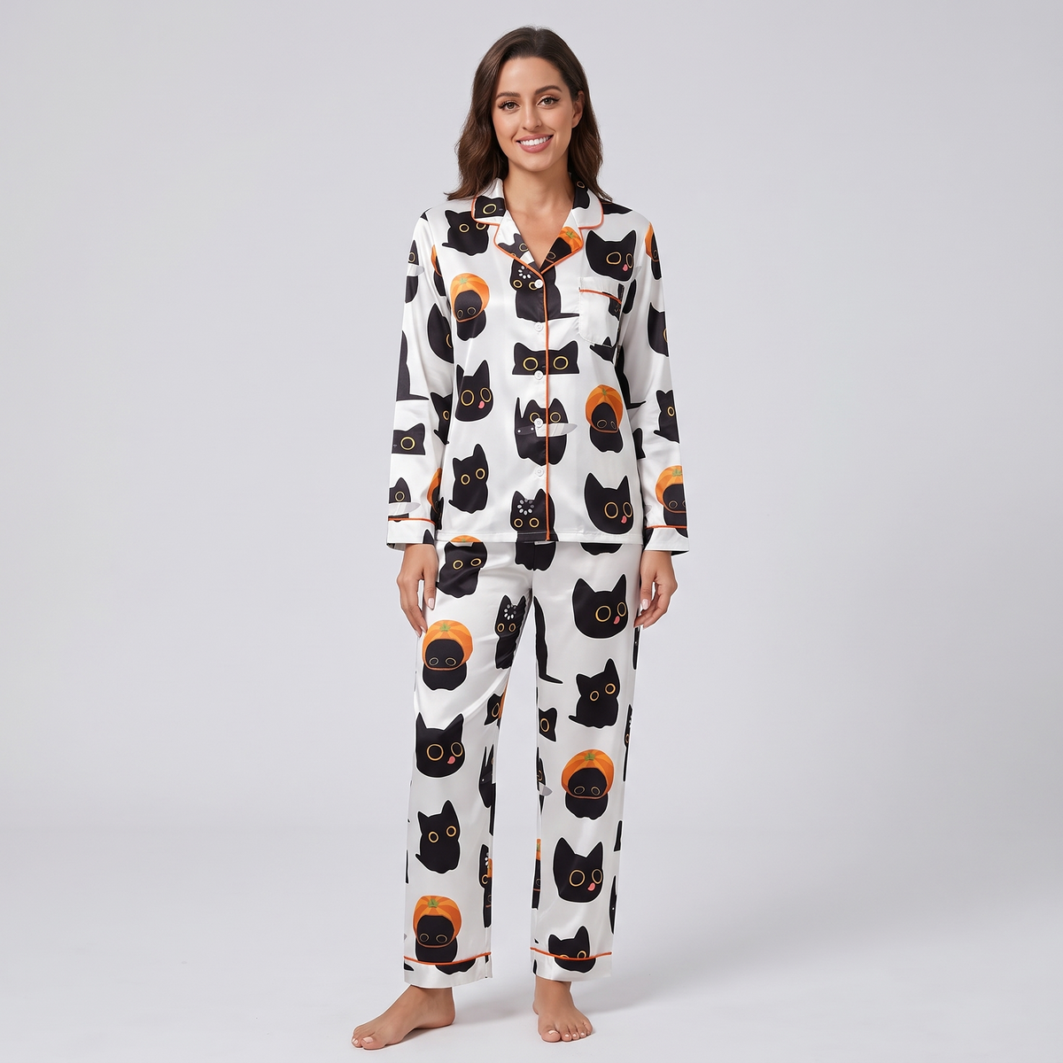 Pumpkin Black Cats Women's Pajama Set - long sleeve and pants