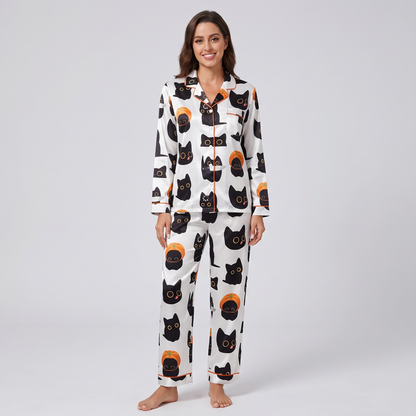 Pumpkin Black Cats Women's Pajama Set - long sleeve and pants
