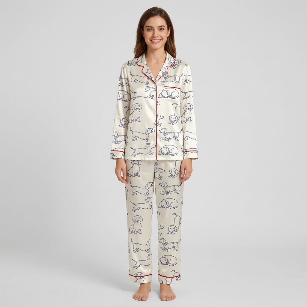 Women's satin pajama set with navy line-drawn dachshunds with red script on white - long sleeve and pants