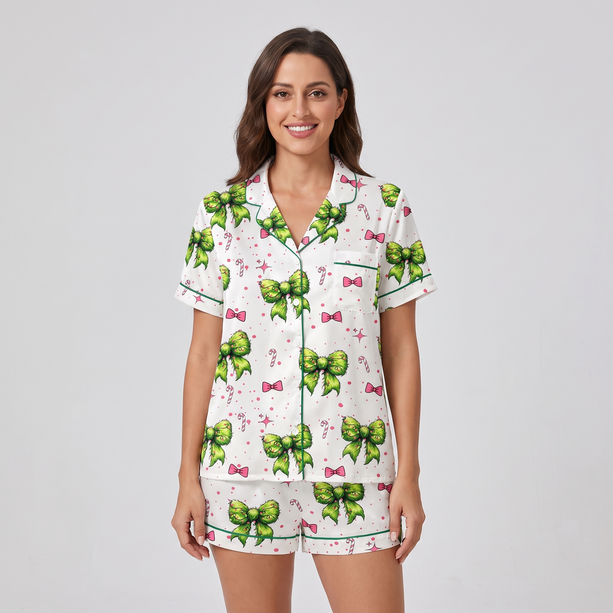 Lime Bows & Ornaments Women's Pajama Set - short sleeve and shorts