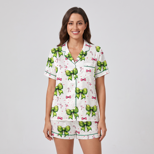 Lime Bows & Ornaments Women's Pajama Set - short sleeve and shorts