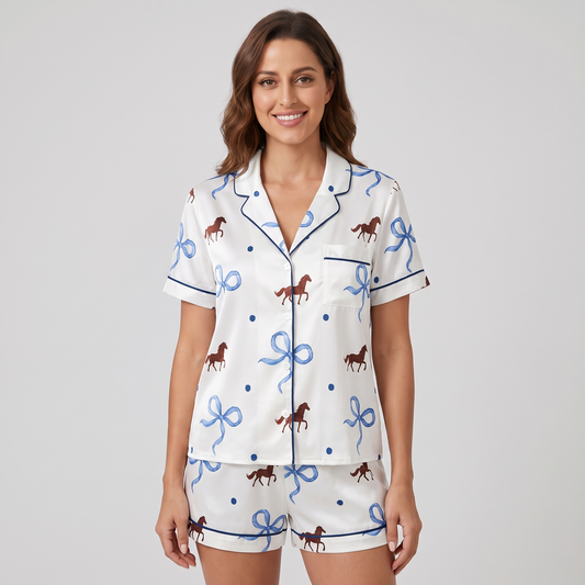 Blue Bow Pony Horses Women's Pajama Set - short sleeve and shorts