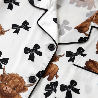 Highland Cows & Bows Women's Pajama Set - print close-up