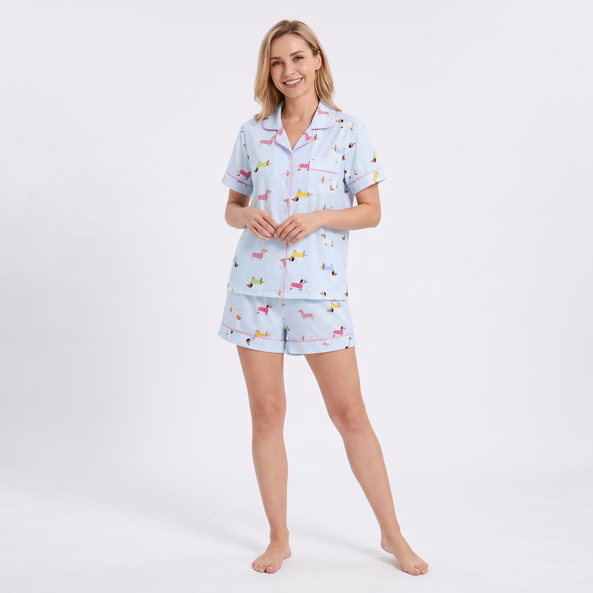 Sweater Weather Dachshunds Women's Pajama Set - Blue - short sleeve and shorts
