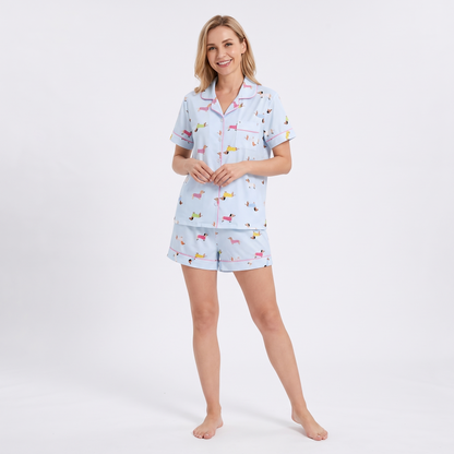 Sweater Weather Dachshunds Women's Pajama Set - Blue - short sleeve and shorts
