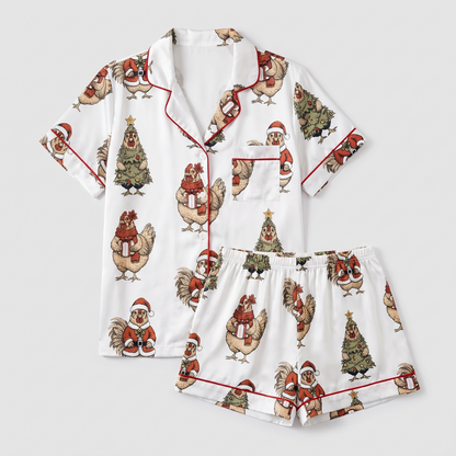 Christmas Chicken Farm Women's Pajama Set - flat lay