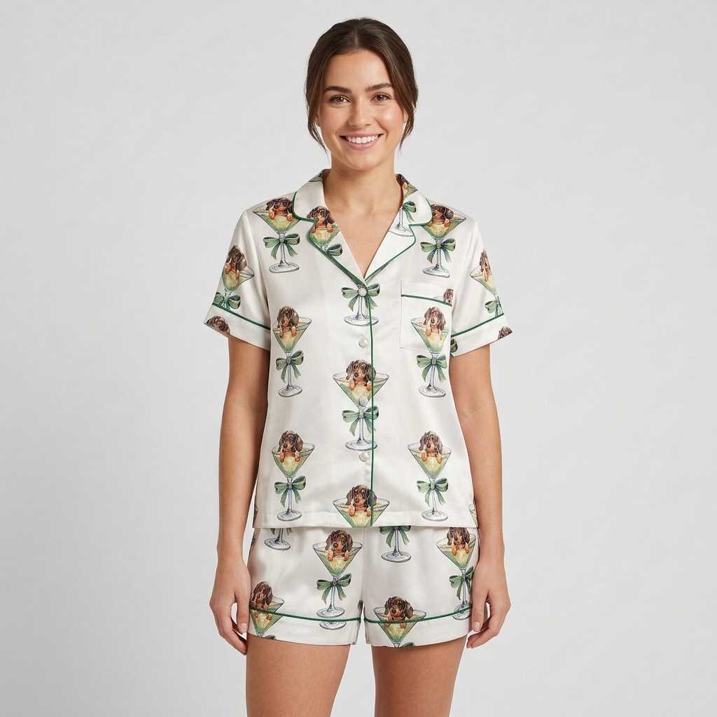 Women's satin pajama set with dachshund puppies peeking over martini glasses tied with sage green bows - short sleeve and shorts