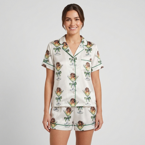 Women's satin pajama set with dachshund puppies peeking over martini glasses tied with sage green bows - short sleeve and shorts