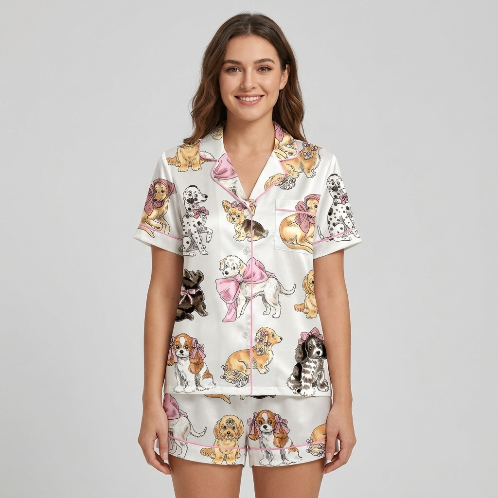 Women's satin pajama set with cavalier spaniels, goldens and a Scottie in big pink bows on white - short sleeve and shorts