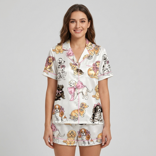 Women's satin pajama set with cavalier spaniels, goldens and a Scottie in big pink bows on white - short sleeve and shorts