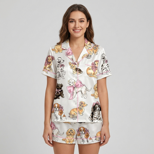 Women's satin pajama set with cavalier spaniels, goldens and a Scottie in big pink bows on white - short sleeve and shorts