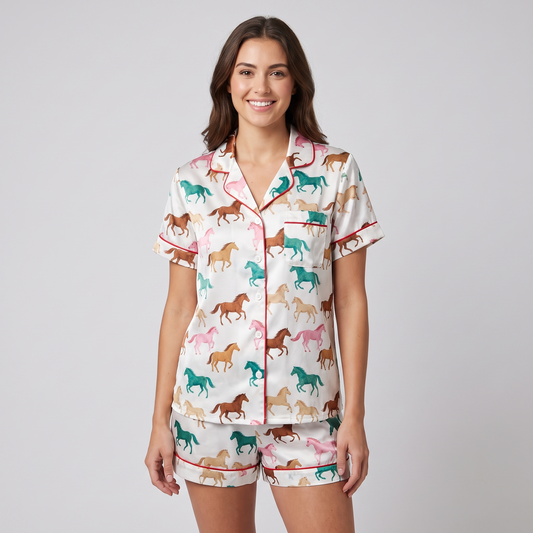 Olive & Teal Pony Horse Herd Women's Pajama Set - short sleeve and shorts