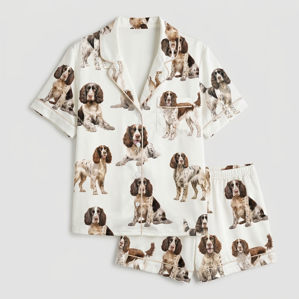 Women's satin pajama set with painterly liver-and-white springer spaniel portraits on white - flat lay