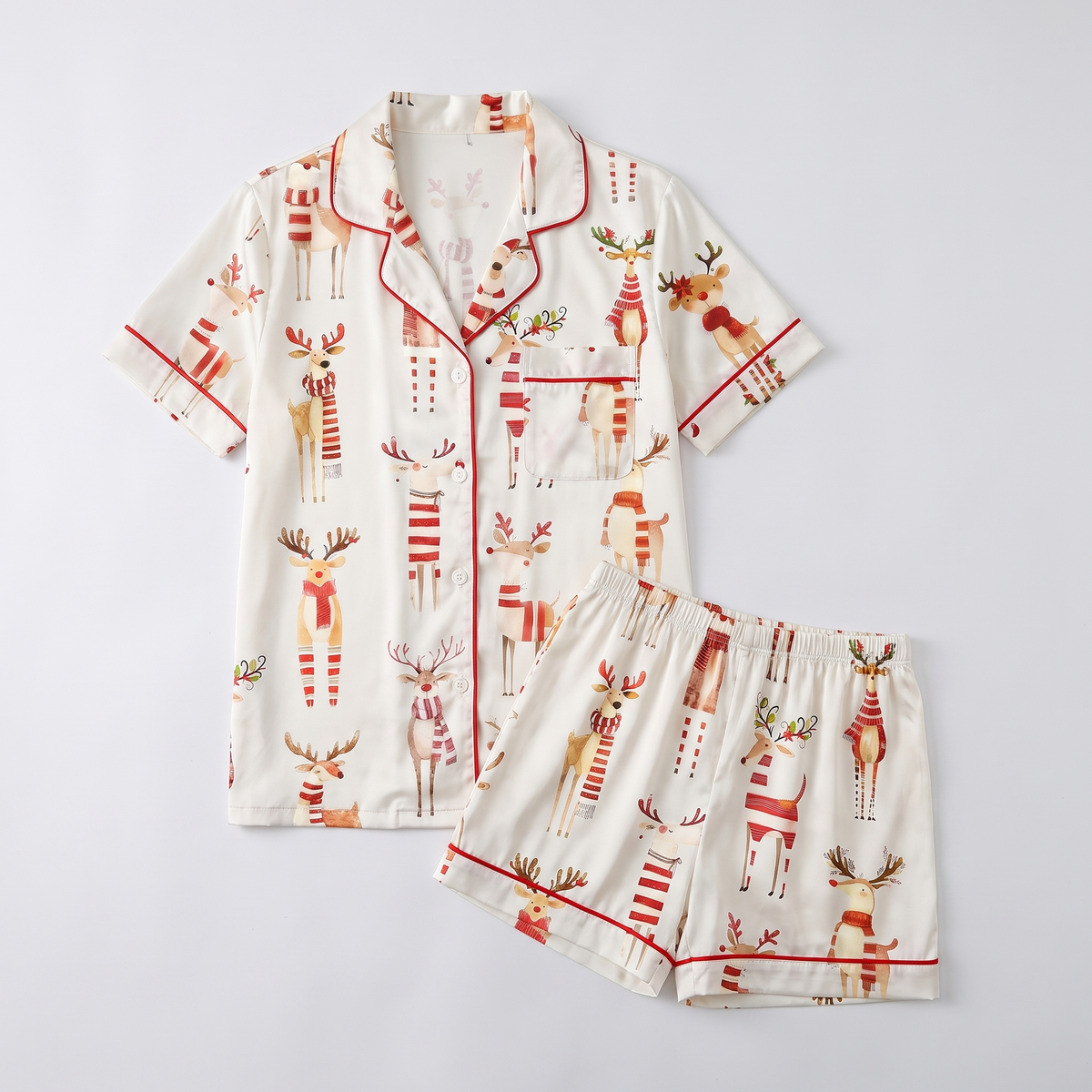 Funny Reindeer Watercolor Women's Pajama Set - flat lay