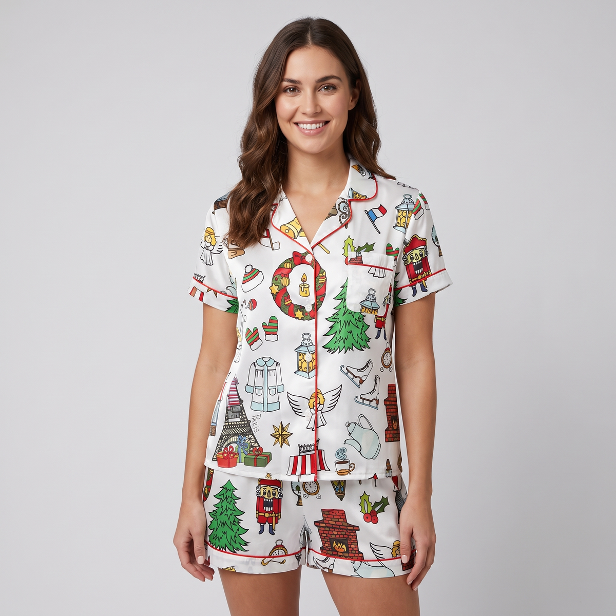 Paris Wreaths & Trees Women's Pajama Set - short sleeve and shorts
