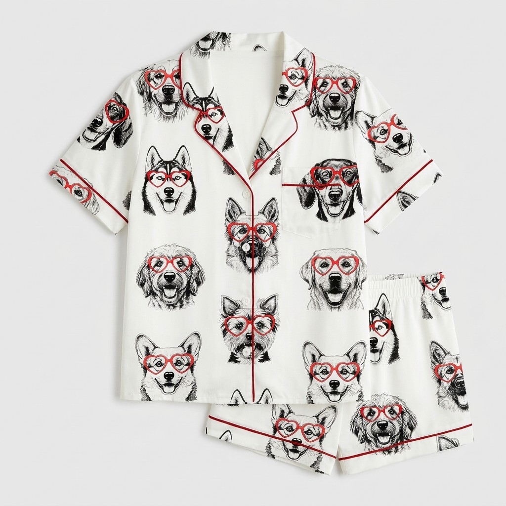 Women's satin pajama set with huskies, golden retrievers and corgis in red heart glasses on white - flat lay