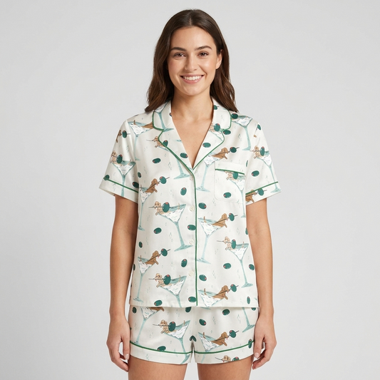 Women's satin pajama set with tiny dachshunds climbing giant martini glasses and green olives on white - short sleeve and shorts