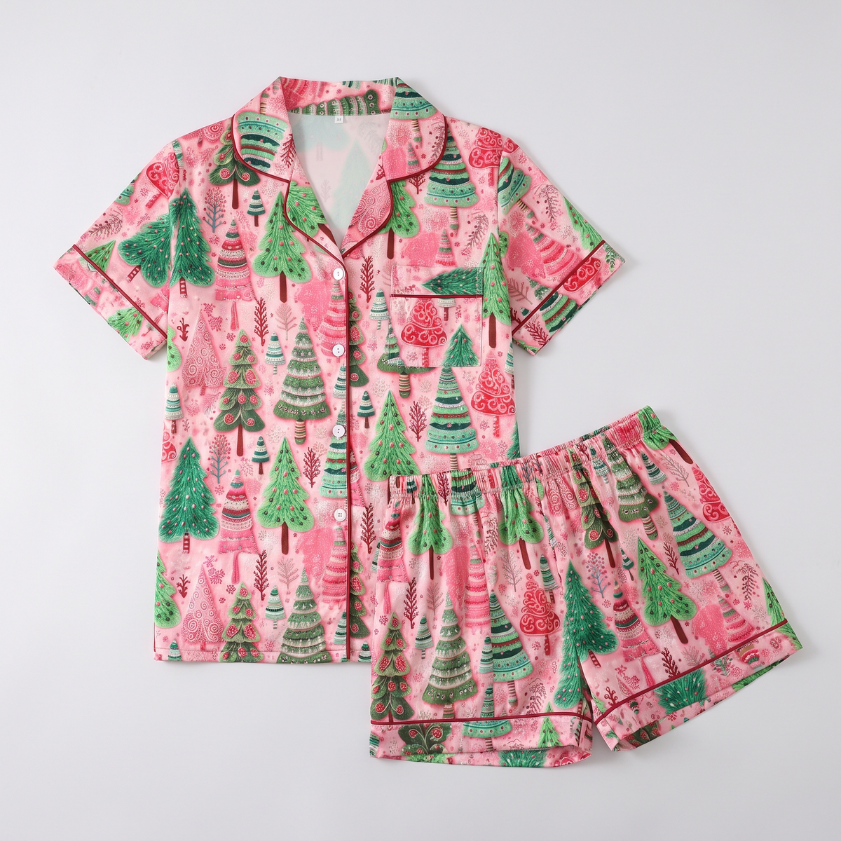 Pink & Green Christmas Forest Women's Pajama Set - flat lay