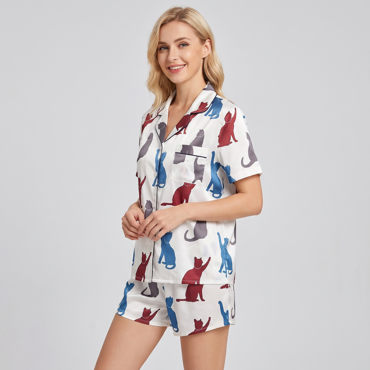Cat Silhouettes Women's Pajama Set - short sleeve and shorts