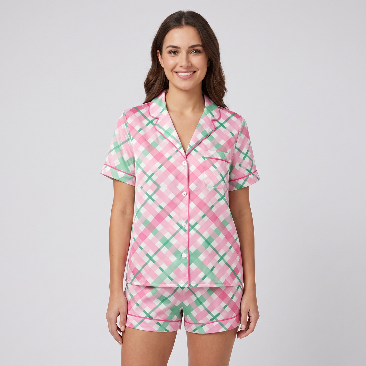 Pink Bias Plaid Women's Pajama Set - short sleeve and shorts