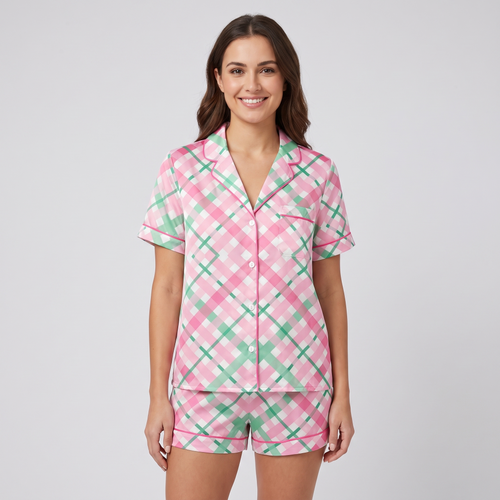 Pink Bias Plaid Women's Pajama Set - short sleeve and shorts