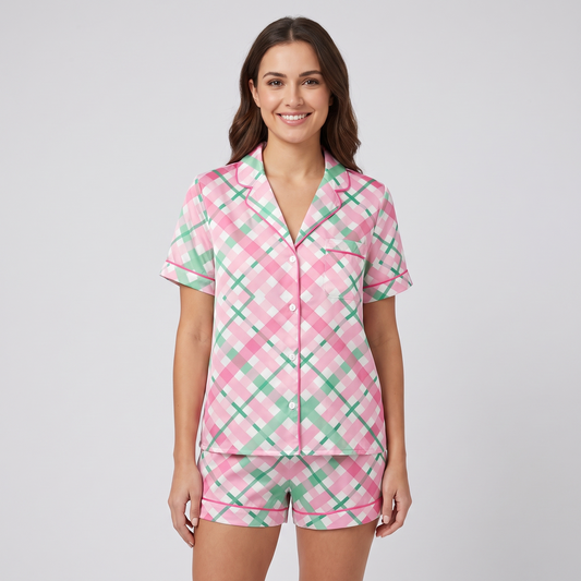 Pink Bias Plaid Women's Pajama Set - short sleeve and shorts