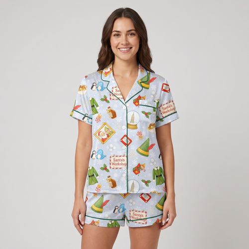 Blue North Pole Elf Inspired Women's Pajama Set - short sleeve and shorts