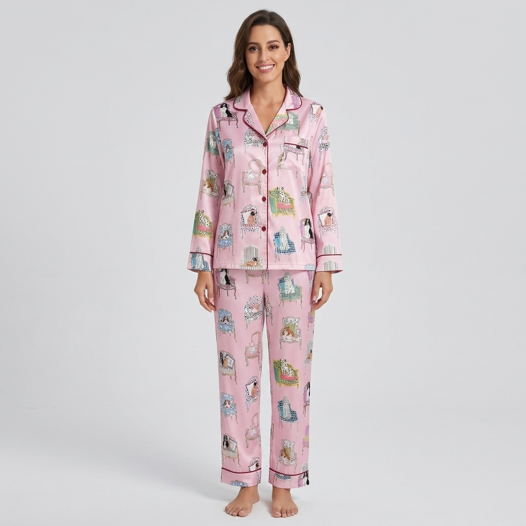 Women's long-sleeve satin pajama set with spaniels lounging on tufted armchairs on pink - long sleeve and pants