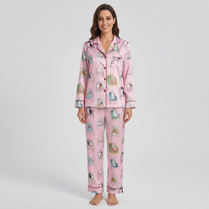 Women's long-sleeve satin pajama set with spaniels lounging on tufted armchairs on pink - long sleeve and pants