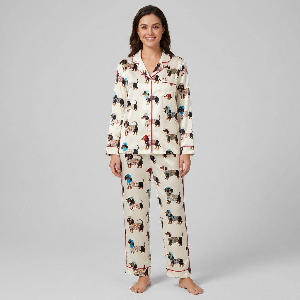 Women's satin pajama set with dachshunds in flowery sweaters and knit hats on white with red piping - long sleeve and pants