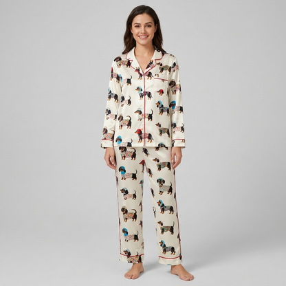 Women's satin pajama set with dachshunds in flowery sweaters and knit hats on white with red piping - long sleeve and pants