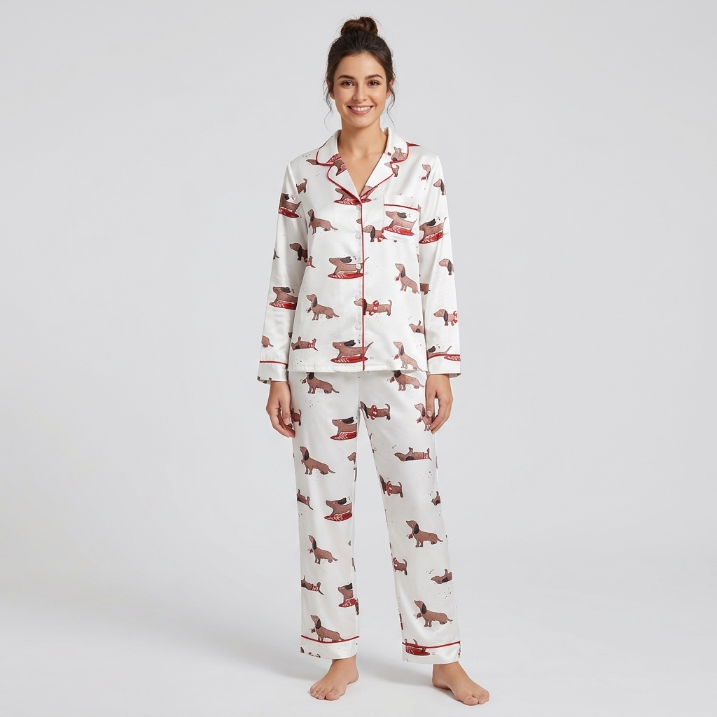 Women's satin pajama set with dachshunds on red surfboards and swim rings on white - long sleeve and pants