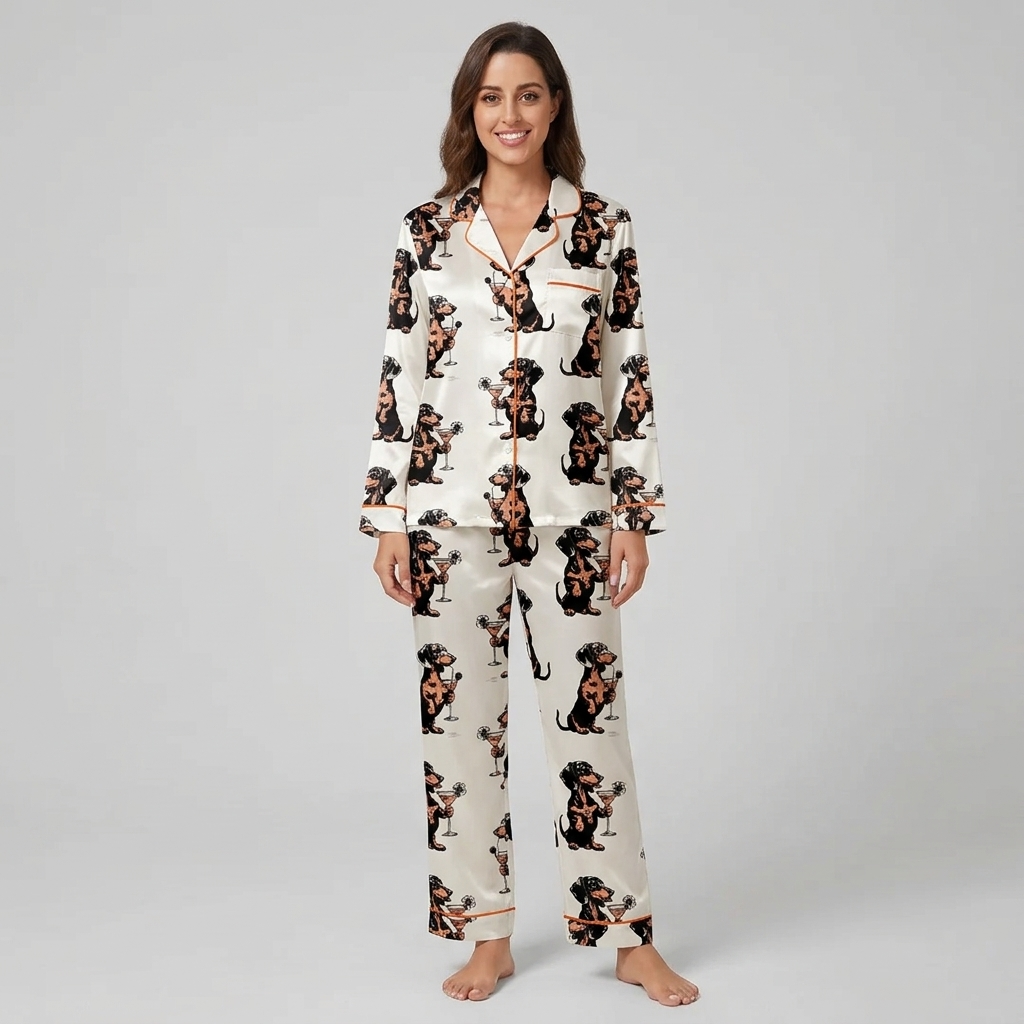 Women's satin pajama set with black-and-tan dachshunds holding martinis with olives on white - long sleeve and pants