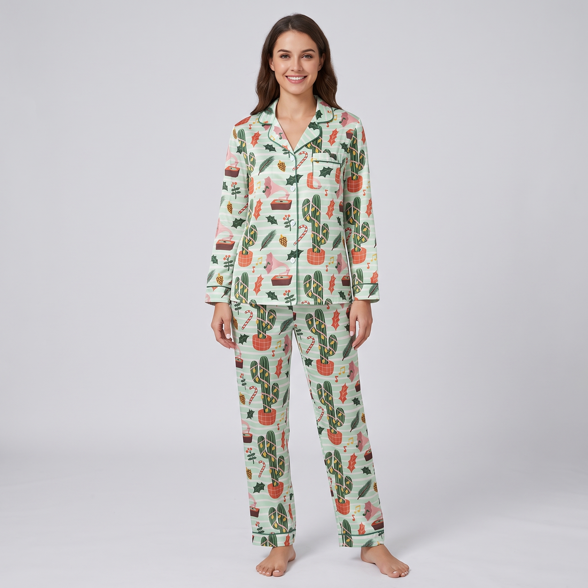 Mint Cactus Christmas Women's Pajama Set - long sleeve and pants