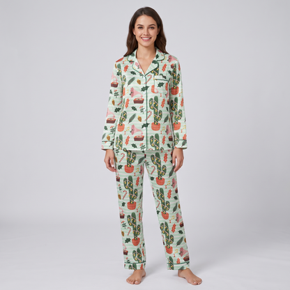 Mint Cactus Christmas Women's Pajama Set - long sleeve and pants