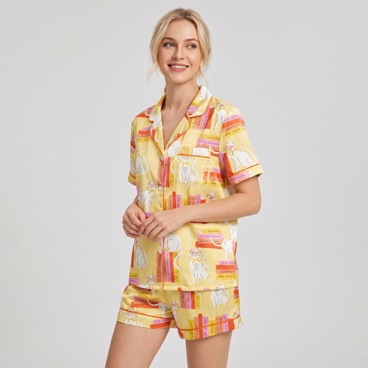 Library Stack Cats Women's Pajama Set - short sleeve and shorts