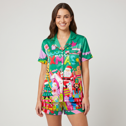 Neon Merry Xmas Women's Pajama Set - short sleeve and shorts