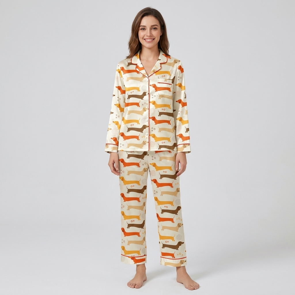 Women's satin pajama set with rows of tangerine, caramel and golden yellow dachshunds on white - long sleeve and pants