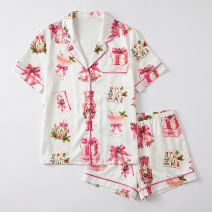 Pink Mahjong Cocktail Party Women's Pajama Set - flat lay