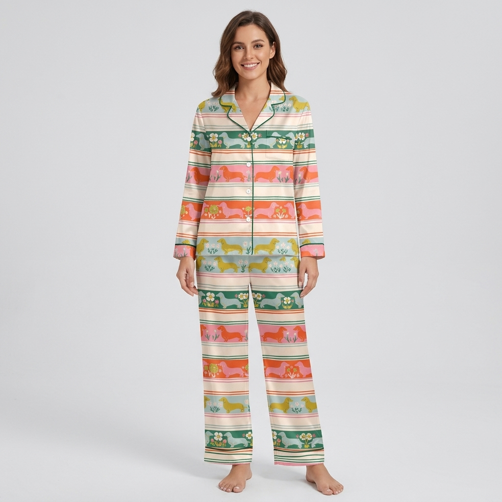 Women's satin pajama set with dachshunds in a Fair Isle style print of cream, orange, mint and pink - long sleeve and pants