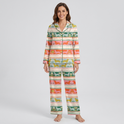 Women's satin pajama set with dachshunds in a Fair Isle style print of cream, orange, mint and pink - long sleeve and pants