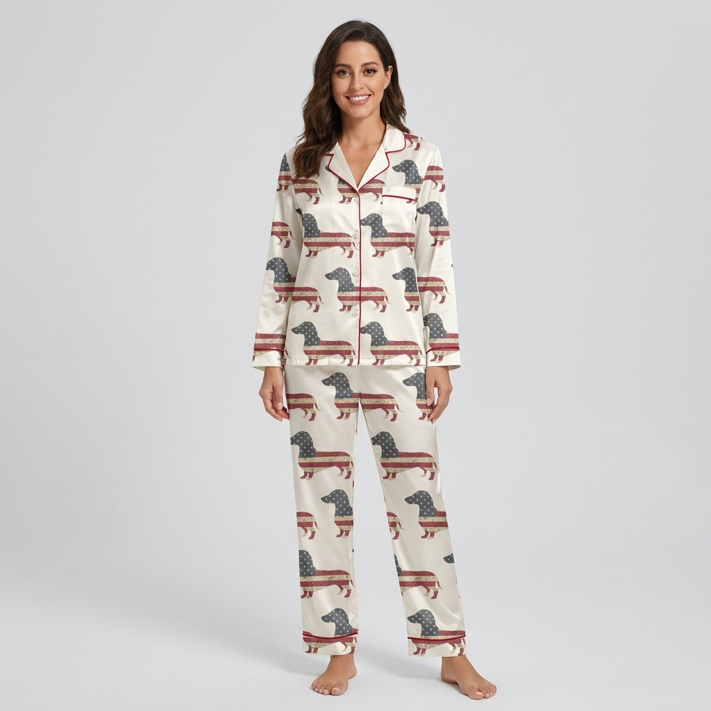 Women's satin pajama set with oversized dachshund silhouettes filled with a distressed American flag on white - long sleeve and pants