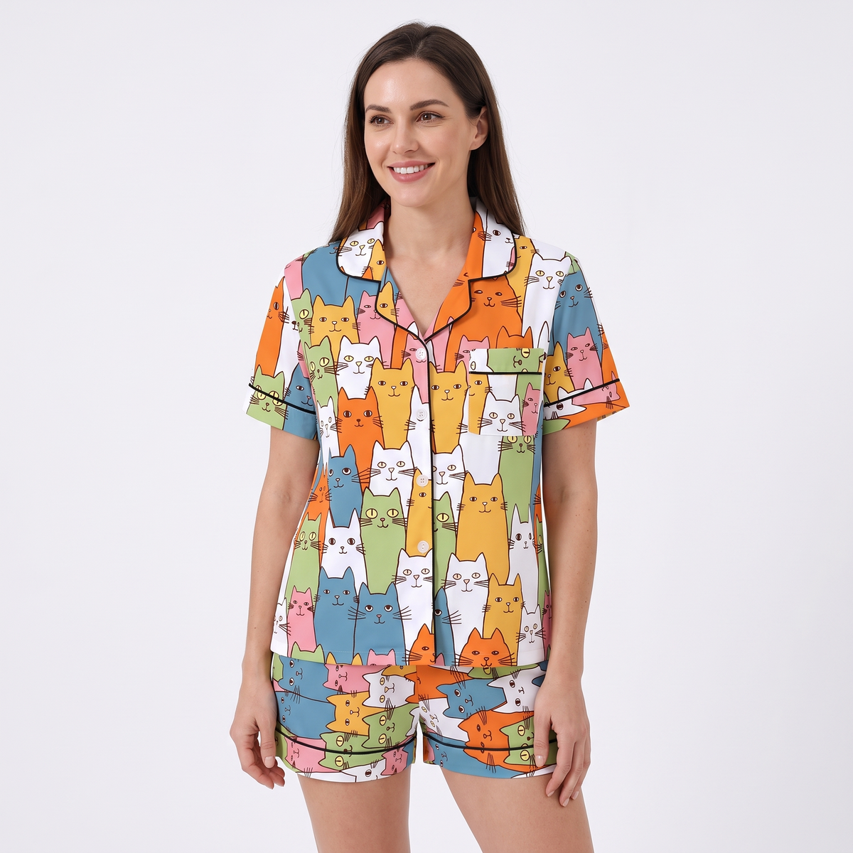 Colorful Cat Stack Women's Pajama Set - Multicolor - short sleeve and shorts