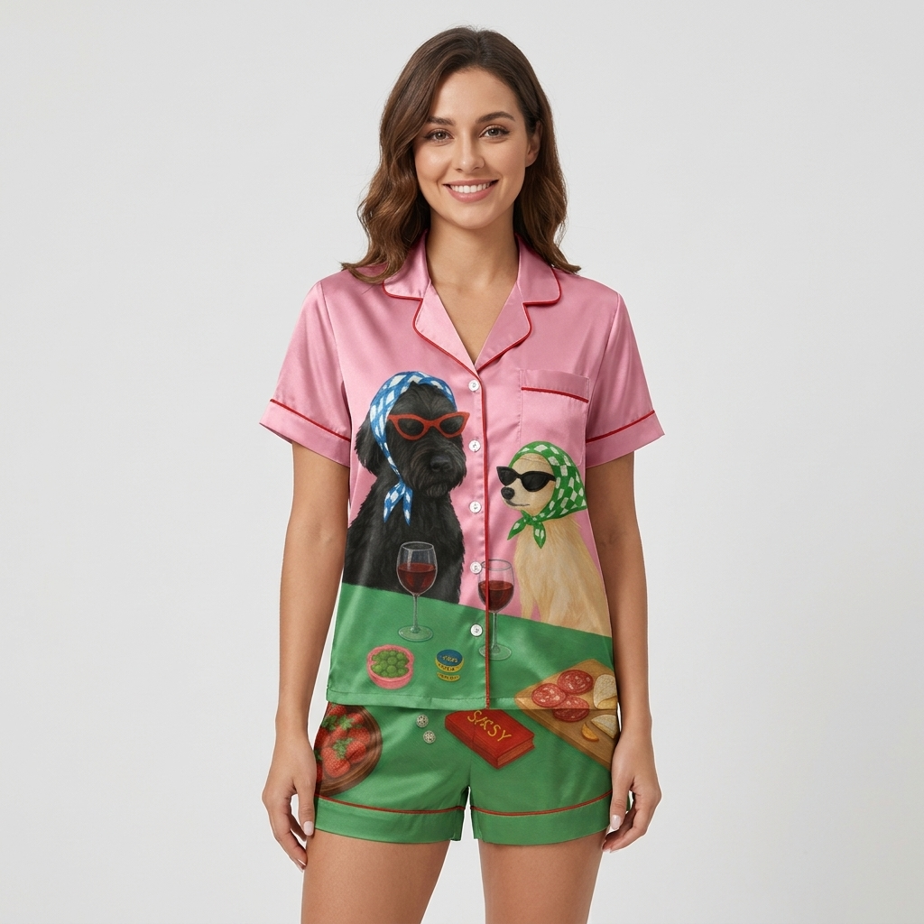 Women's satin pajama set with a black dog in cat-eye sunglasses and a golden dog in a scarf with wine on pink - short sleeve and shorts
