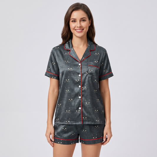 Glowing Cat Eyes Women's Pajama Set - short sleeve and shorts