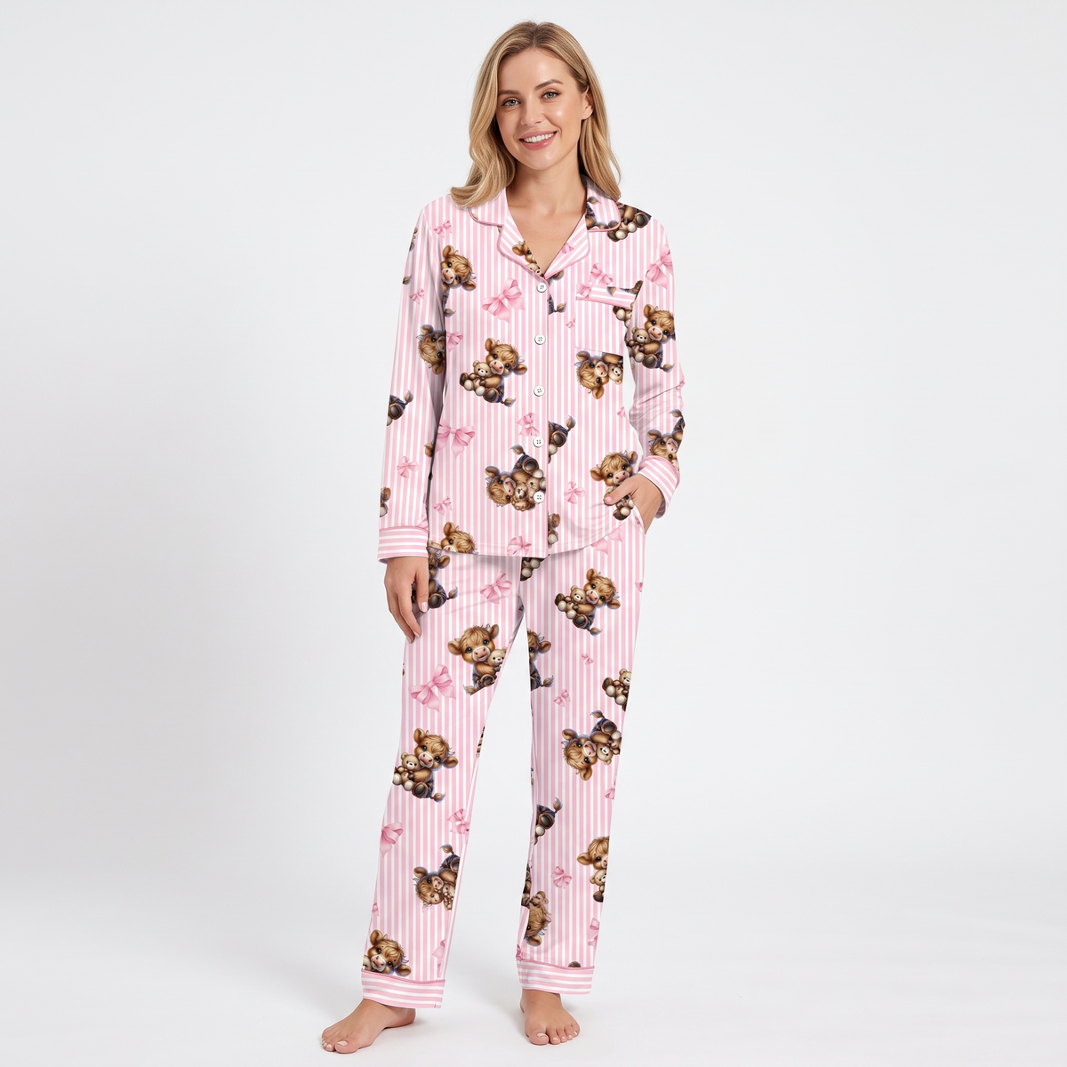 Highland Cows & Bows Women's Pajama Set - Pink - long sleeve and pants