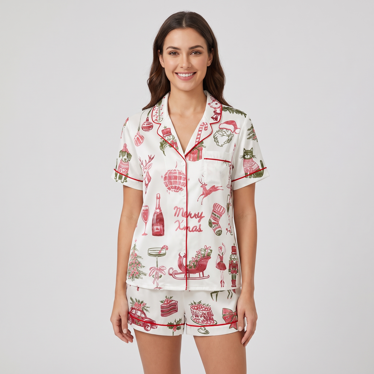 Merry Little Watercolor Women's Pajama Set - short sleeve and shorts