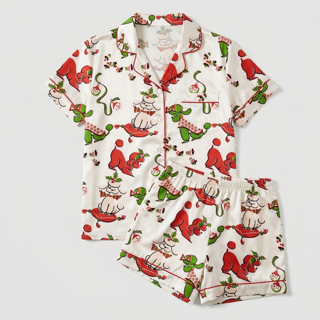 Women's satin pajama set with red and green poodles with holly and candy canes on white - flat lay