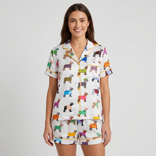 Women's long-sleeve satin pajama set with rows of French bulldogs in bright knitwear on white - short sleeve and shorts