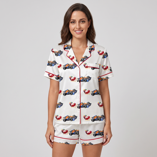 Race Car Christmas Women's Pajama Set - short sleeve and shorts